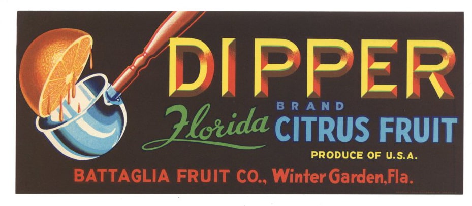 Dipper Brand Vintage Winter Garden Florida Citrus Crate Label