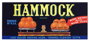 Hammock Brand Vintage Tavares Florida Citrus Crate Label