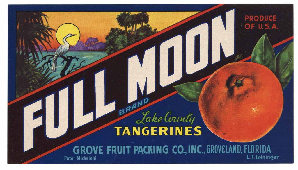 Full Moon Brand Vintage Groveland Florida Citrus Crate Label, o