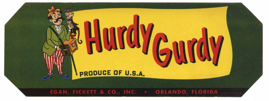 Hurdy Gurdy Brand Vintage Orlando Florida Citrus Crate Label
