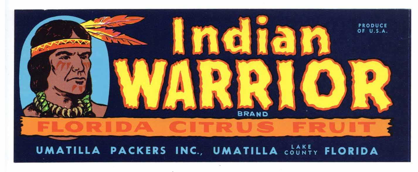 Indian Warrior Brand Vintage Umatilla Florida Citrus Crate Label