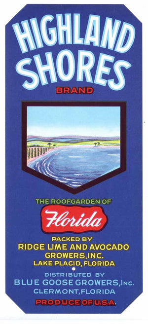 Highland Shores Brand Vintage Lake Placid Florida Citrus Crate Label