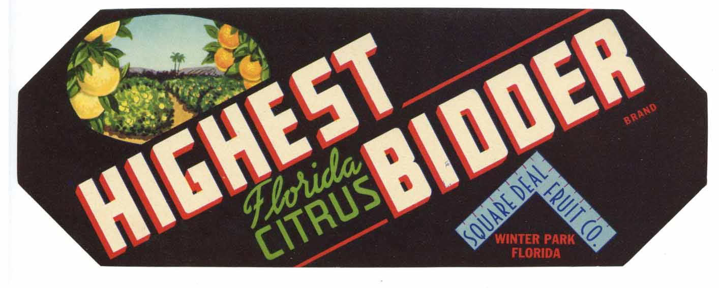 Highest Bidder Brand Vintage Winter Park Florida Citrus Crate Label