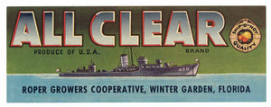 All Clear Brand Vintage Winter Garden Florida Citrus Crate Label