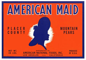 American Maid Brand Vintage Placer County California Pear Crate Label