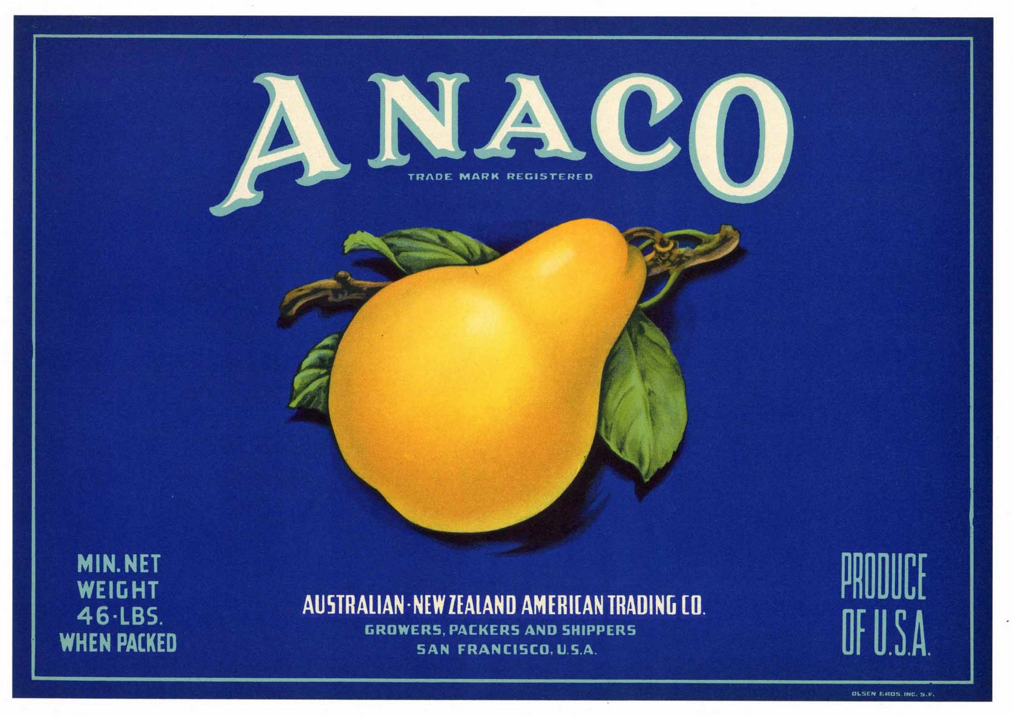 Anaco Brand Pear Crate Label, Blue