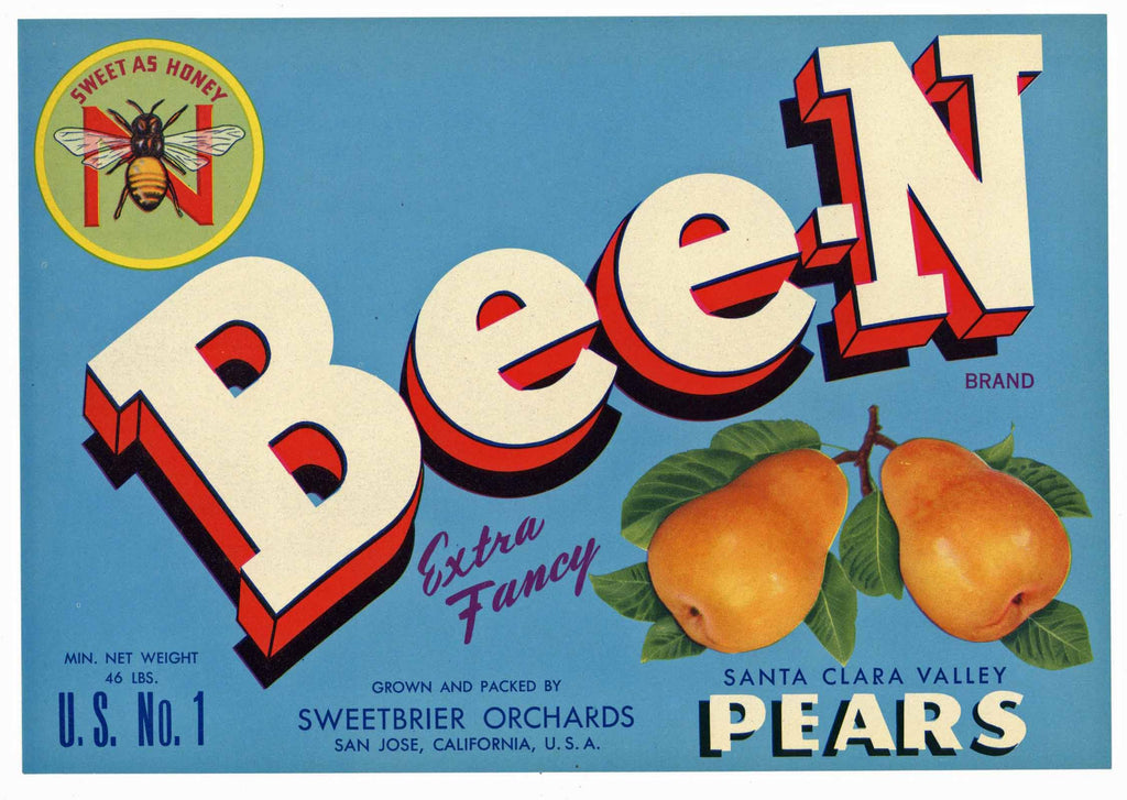 Bee-N Brand Vintage San Jose Pear Crate Label