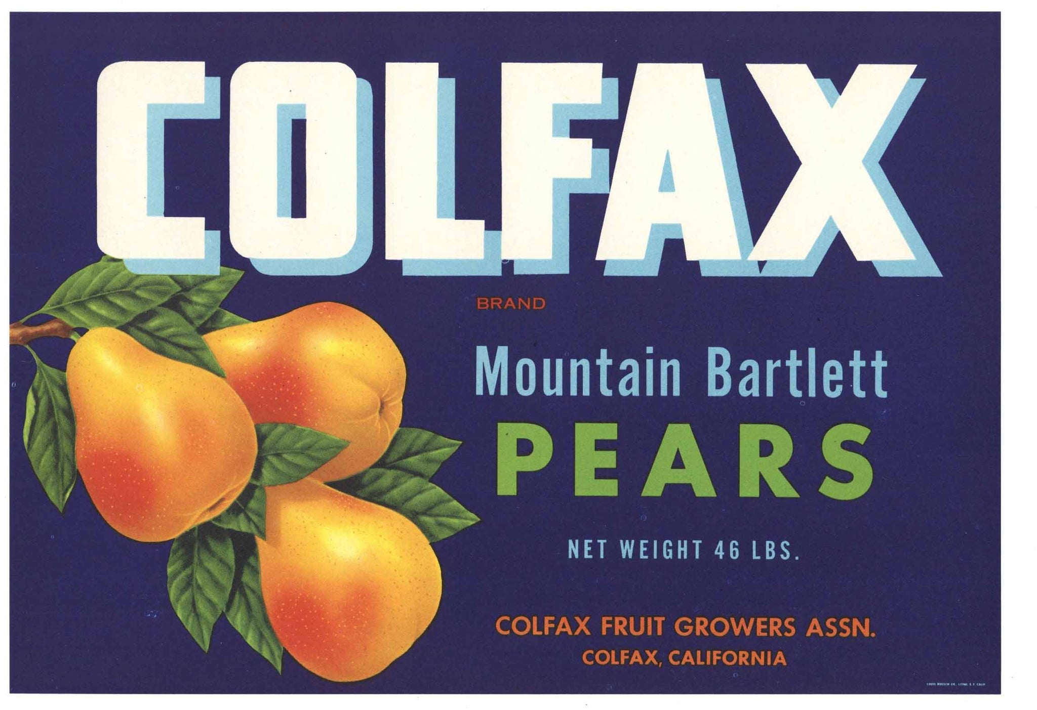 Colfax Brand Vintage Placer County California Pear Crate Label, blue