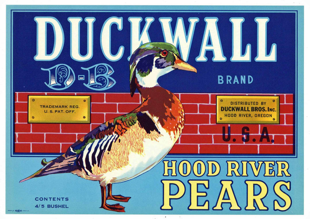 Duckwall Brand Vintage Hood River Oregon Pear Crate Label, blue