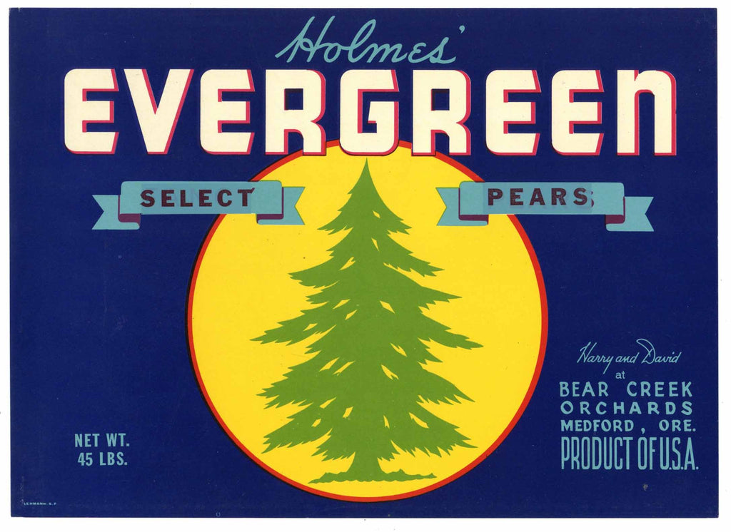 Evergreen Brand Vintage Medford Oregon Pear Crate Label, Select Overprint