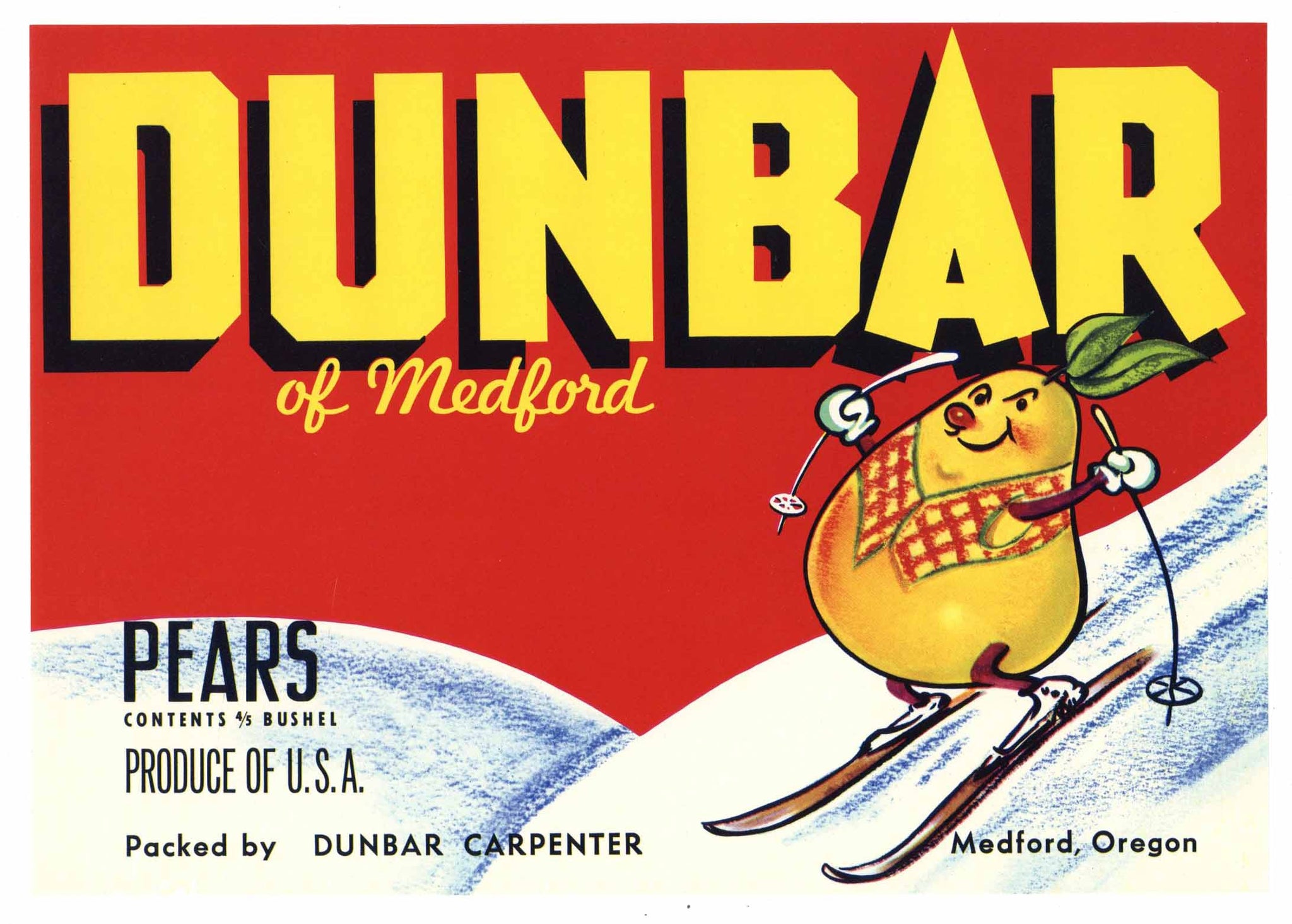 Dunbar Brand Vintage Medford Oregon Pear Crate Label, red