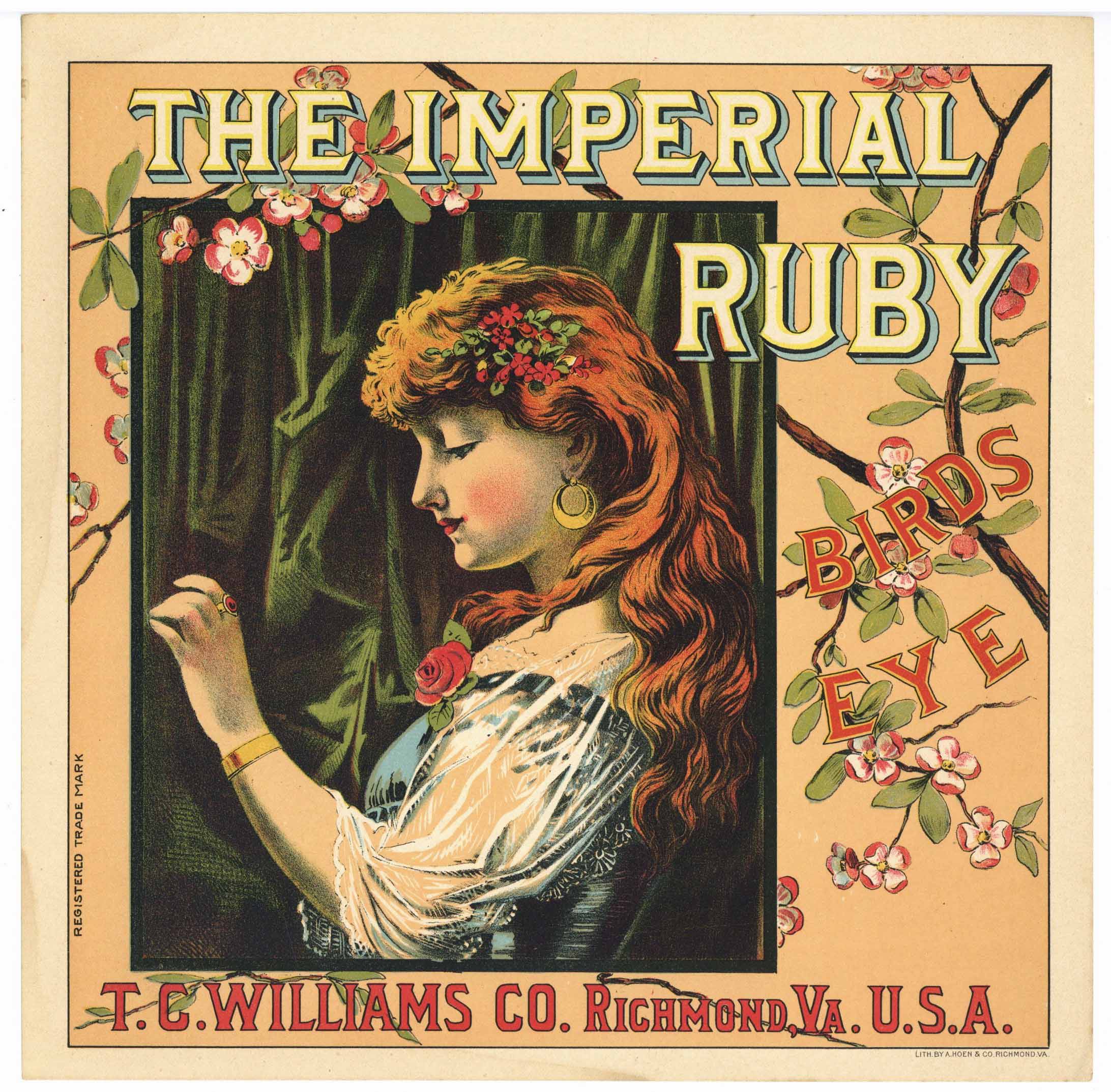 The Imperial Ruby, Birds Eye Brand Antique Tobacco Caddy Label, square ...