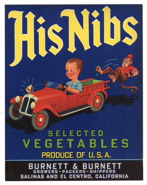 His Nibs Brand Vintage Salinas Vegetable Crate Label