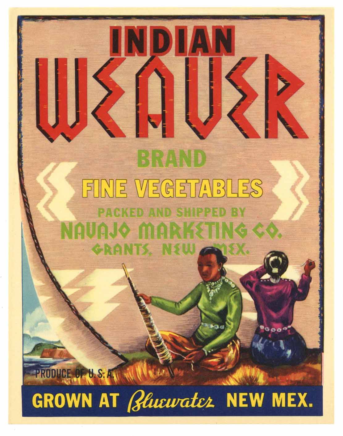Indian Weaver Brand Vintage Grants New Mexico Vegetable Crate Label