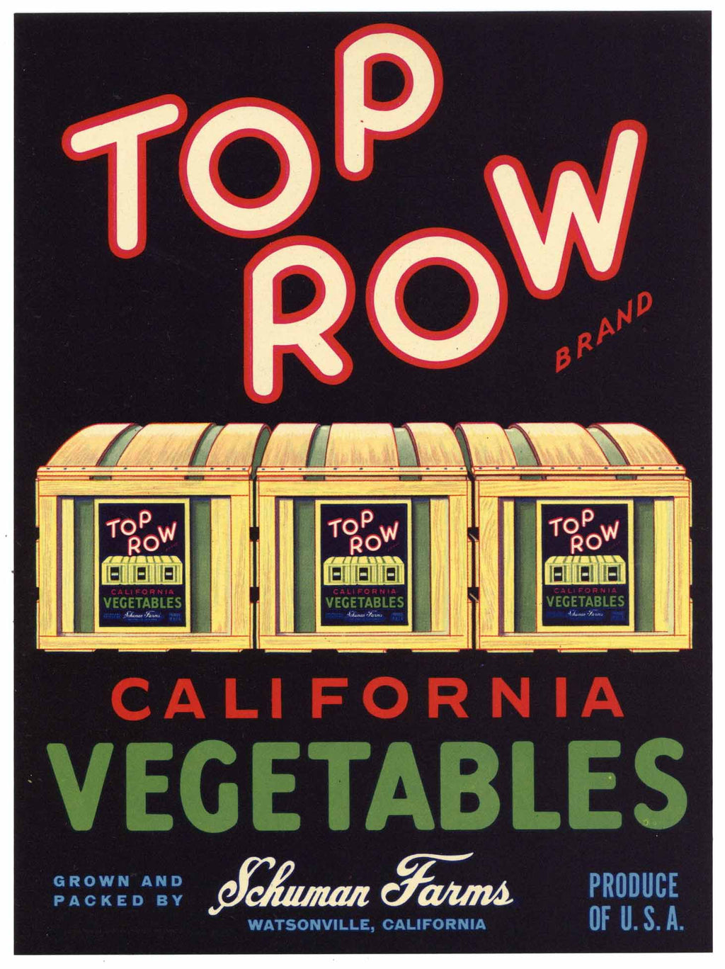 Top Row Brand Vintage Watsonville Vegetable Crate Label, 'vegetables'