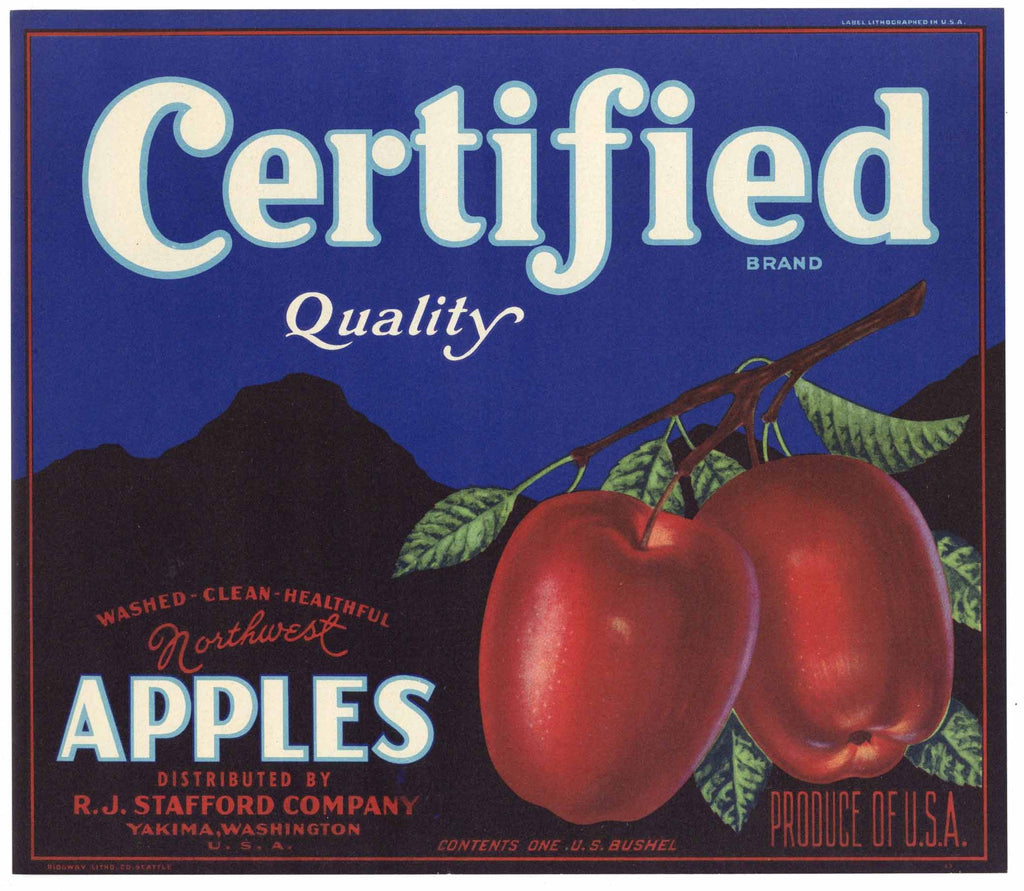 Certified Brand Vintage Yakima Washington Apple Crate Label
