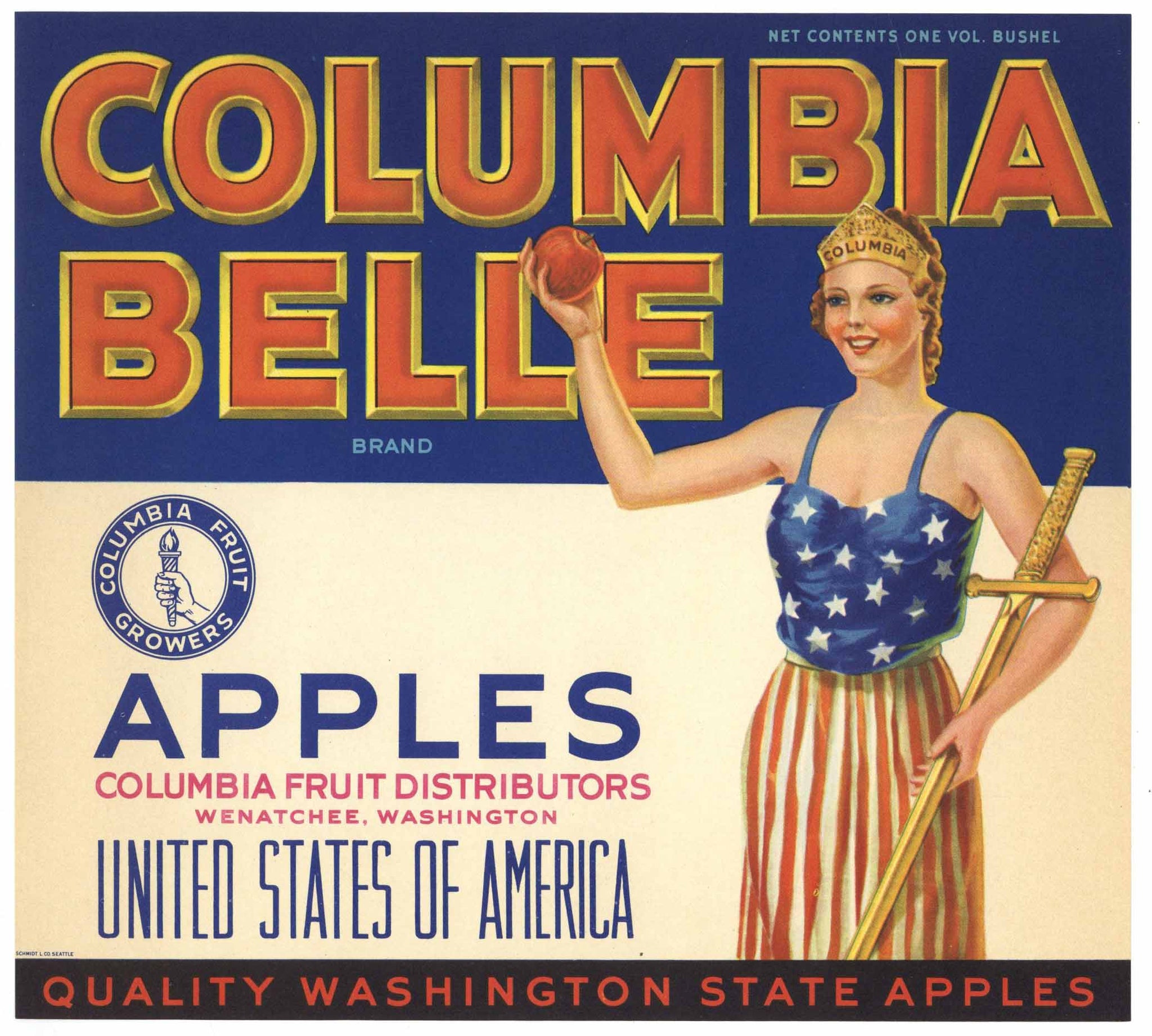 Columbia Brand Vintage Wenatchee Washington Apple Crate Label, blue