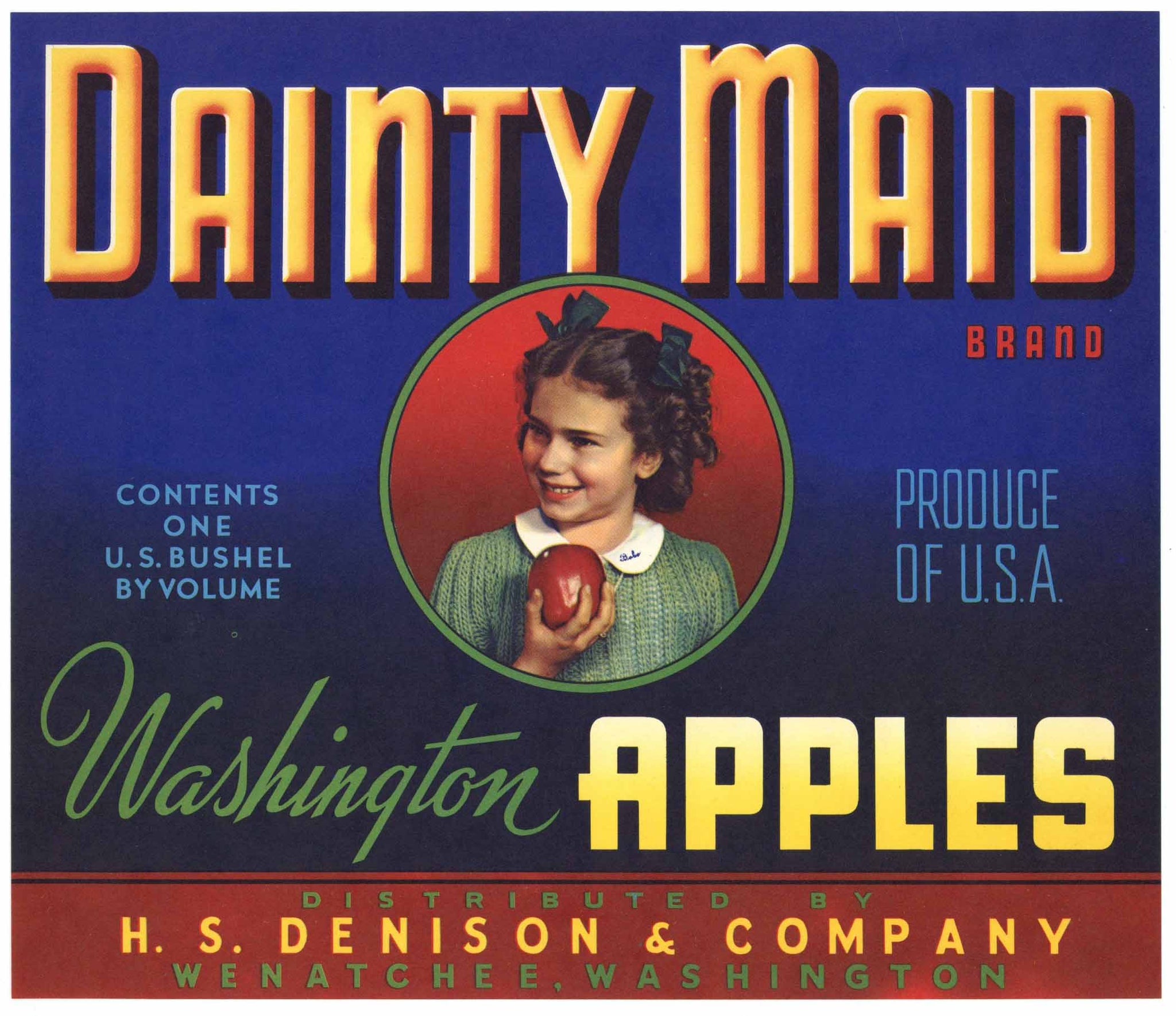 Dainty Maid Brand Vintage Wenatchee Washington Apple Crate Label, blue, n
