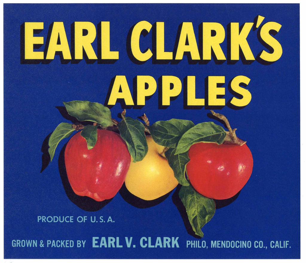 Earl Clark's Brand Vintage Philo Mendocino County Apple Crate Label