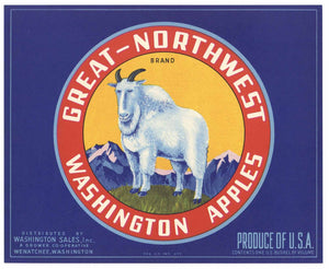 Great Northwest Brand Vintage Wenatchee Washington Apple Crate Label, blue