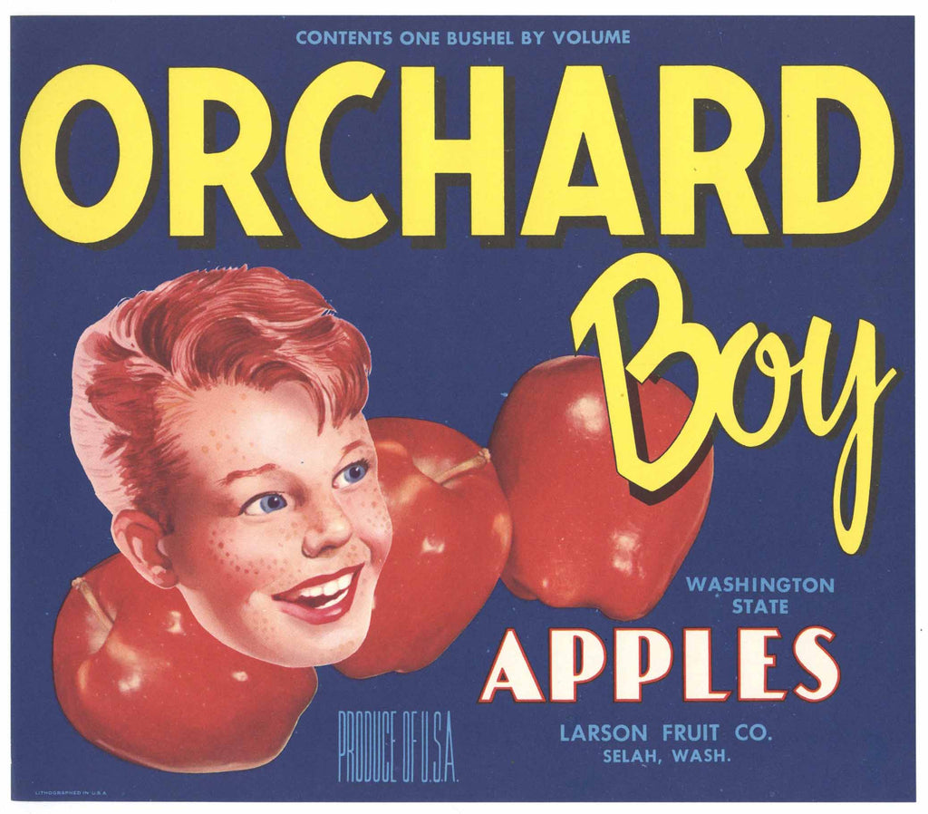 Orchard Boy Brand Vintage Selah Washington Apple Crate Label, blue