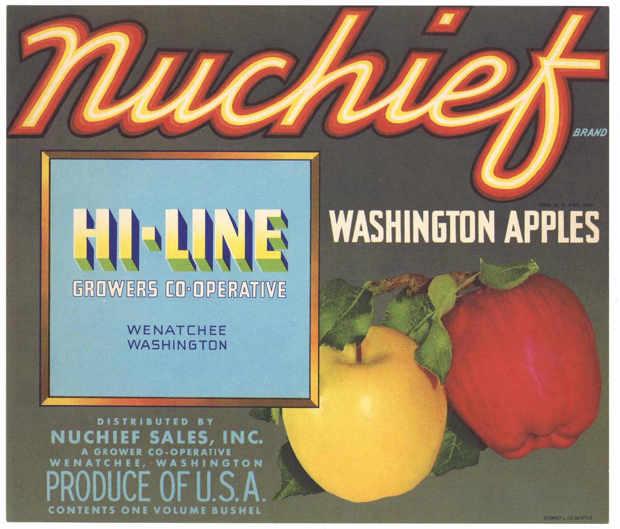 Nuchief Brand Vintage Wenatchee Washington Apple Crate Label, Hi-Line