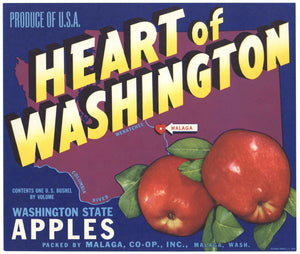 Heart of Washington Brand Vintage Malaga Apple Crate Label