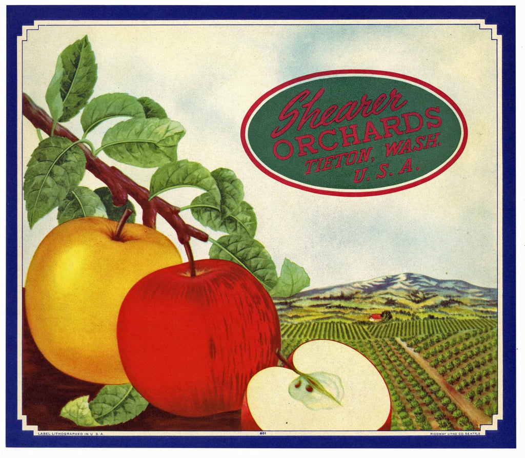 Shearer Orchards Brand Vintage Tieton Washington Apple Crate Label