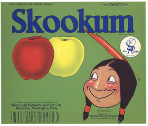 Skookum Brand Vintage Washington Apple Crate Label, green, Doc