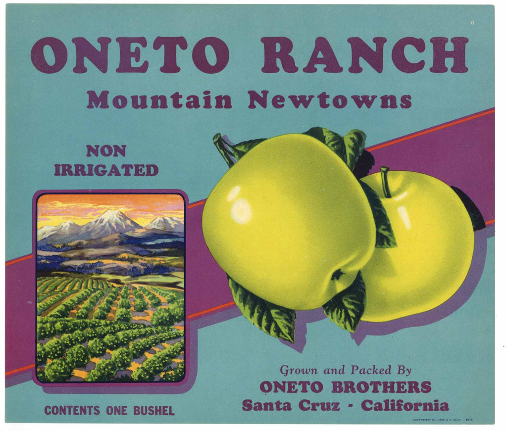 Oneto Ranch Brand Vintage Santa Cruz California Apple Crate Label