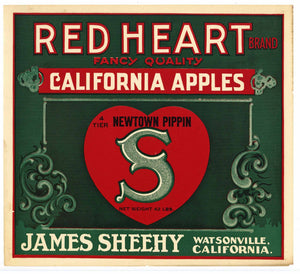 Red Heart Brand Vintage Watsonville Apple Crate Label