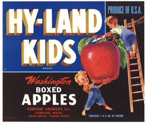 Hy Land Kids Brand Vintage Cowiche Washington Apple Crate Label, blue