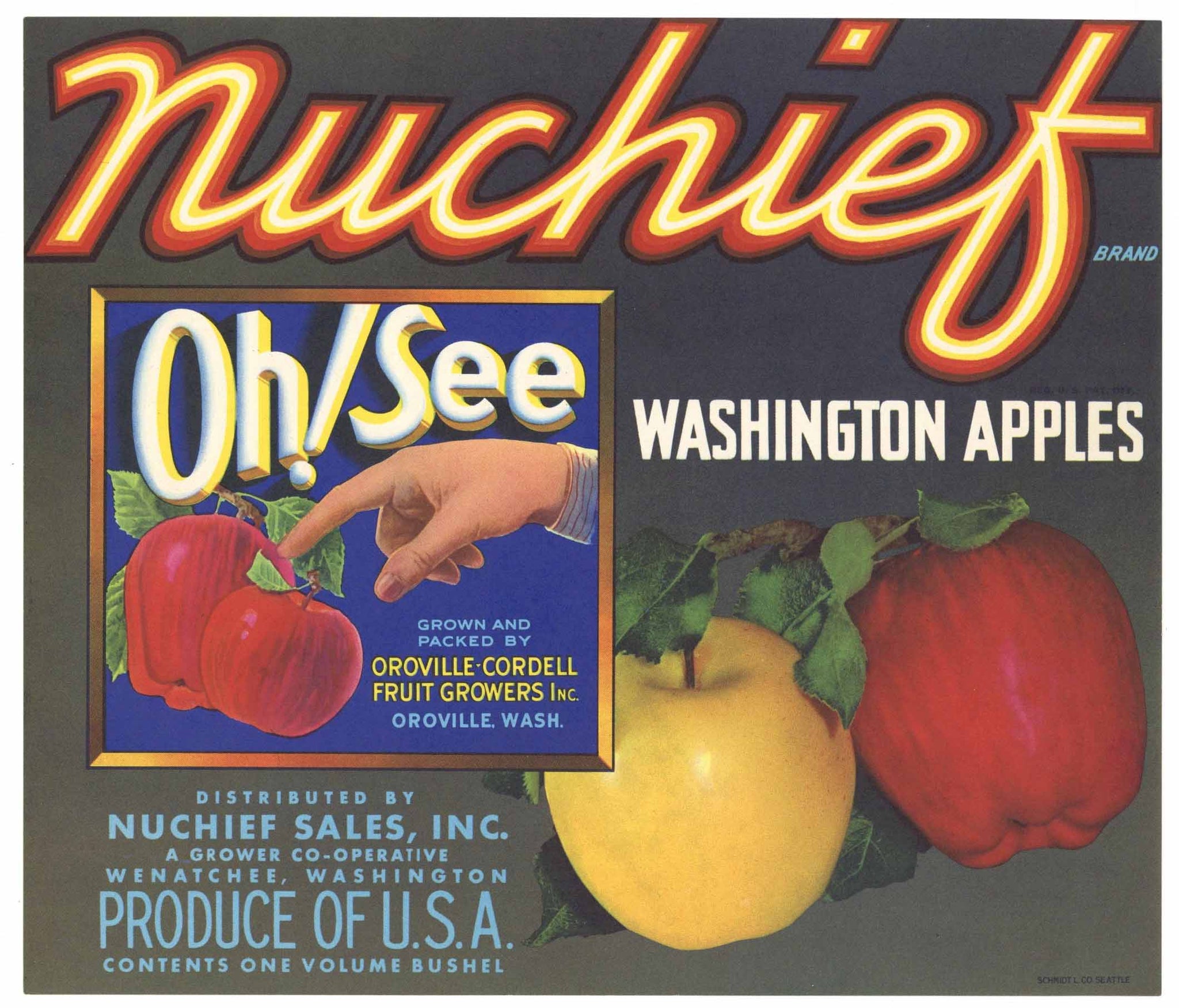 Nuchief Brand Vintage Wenatchee Washington Apple Crate Label, Oh See