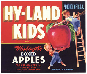 Hy Land Kids Brand Vintage Cowiche Washington Apple Crate Label, red
