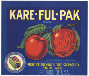 Kare-Ful-Pak Brand Vintage Yakima Washington Apple Crate Label, blue