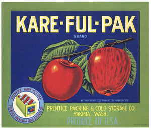 Kare-Ful-Pak Brand Vintage Yakima Washington Apple Crate Label, green