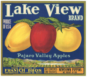 Lake View Brand Vintage Watsonville Apple Crate Label, Newtown Pippins