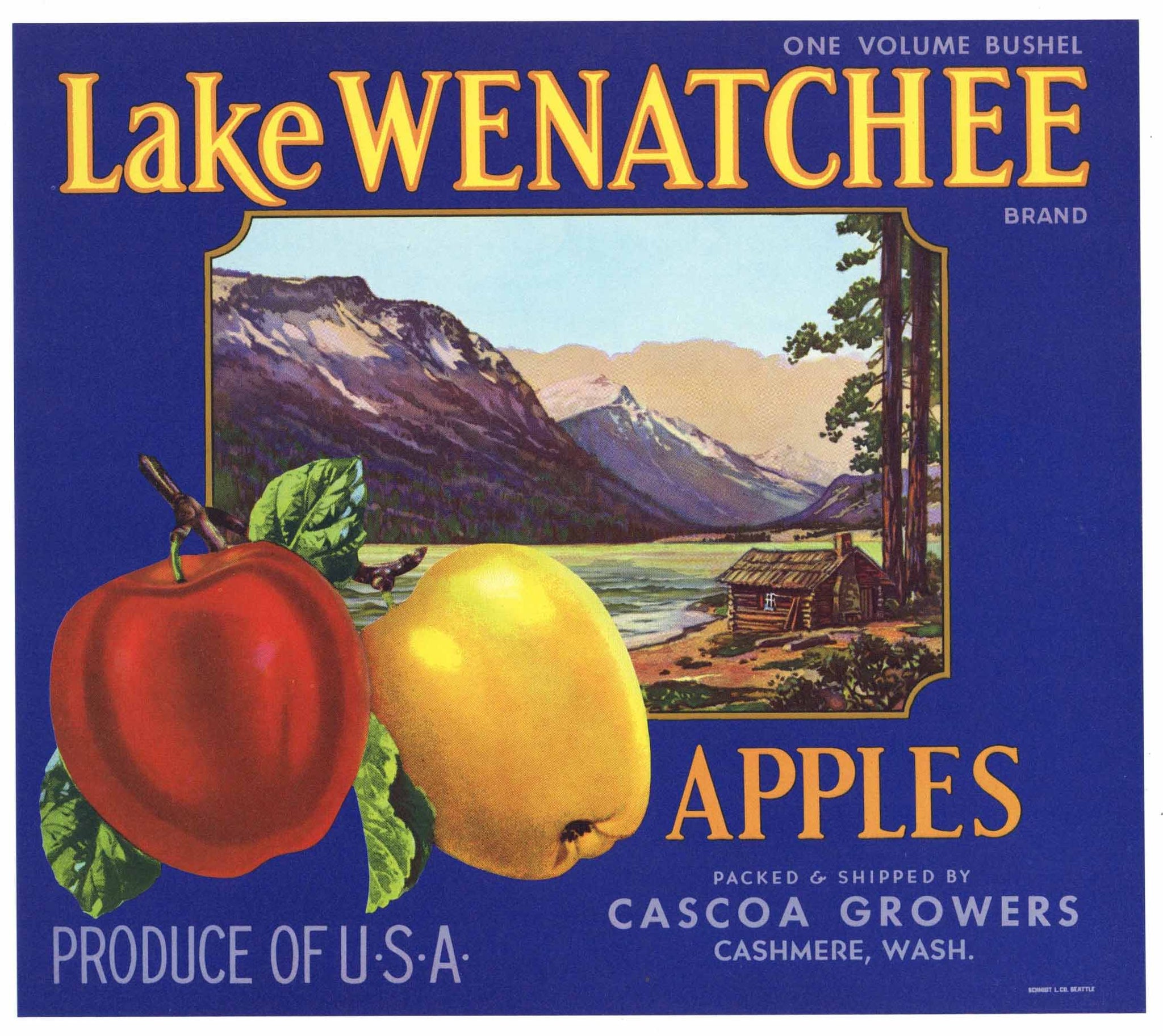 Lake Wenatchee Brand Washington Apple Crate Label, blue