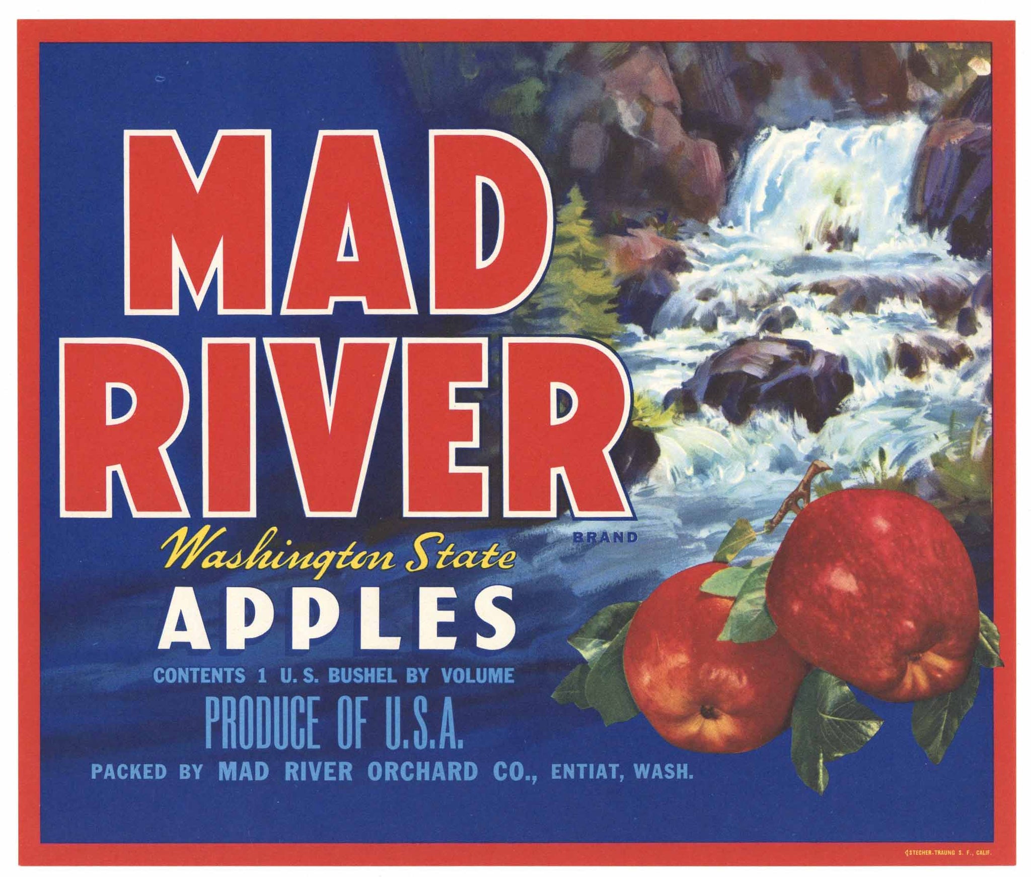 Mad River Brand Vintage Entiat Washington Apple Crate Label, red trim