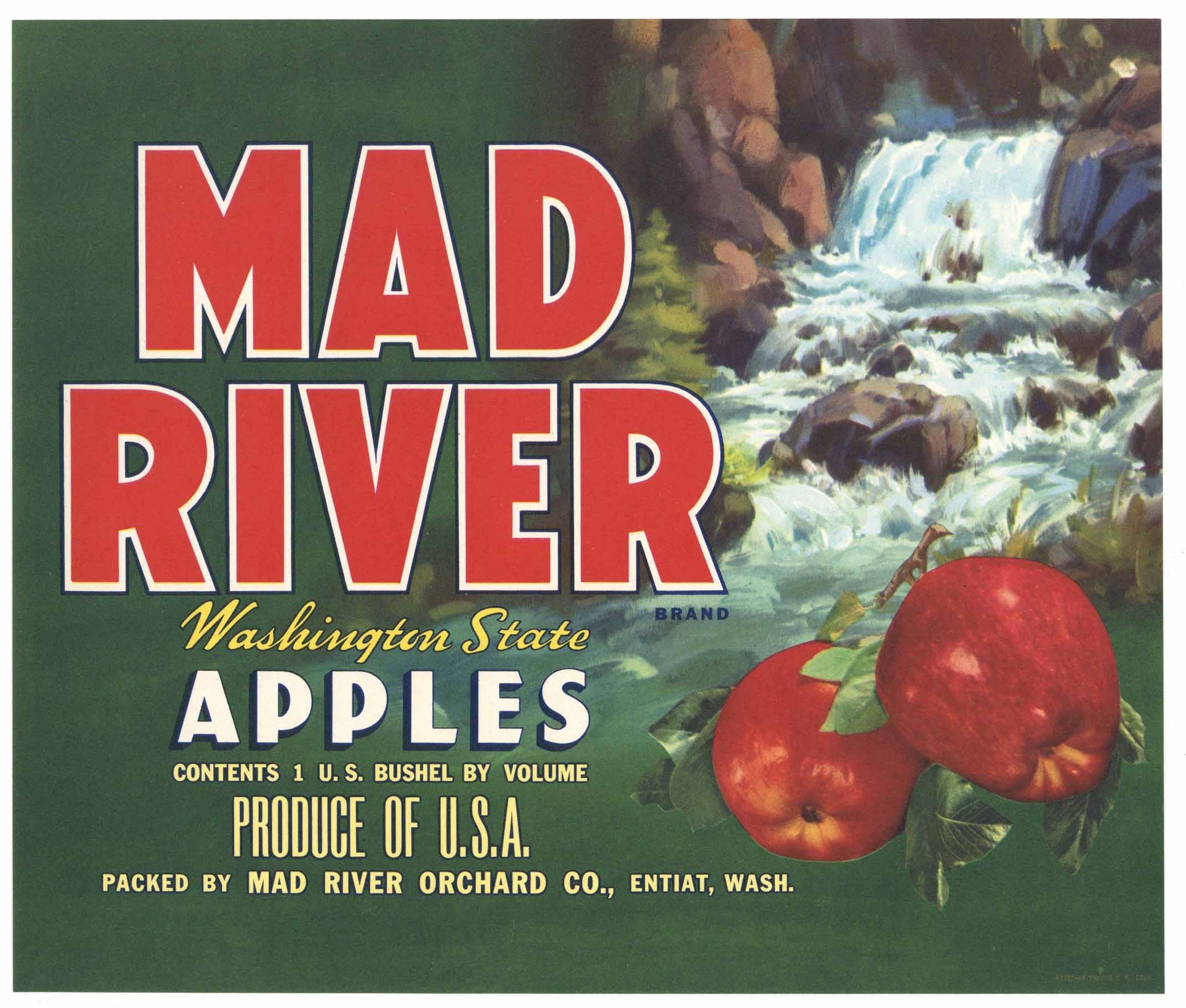 Mad River Brand Vintage Entiat Washington Apple Crate Label, green