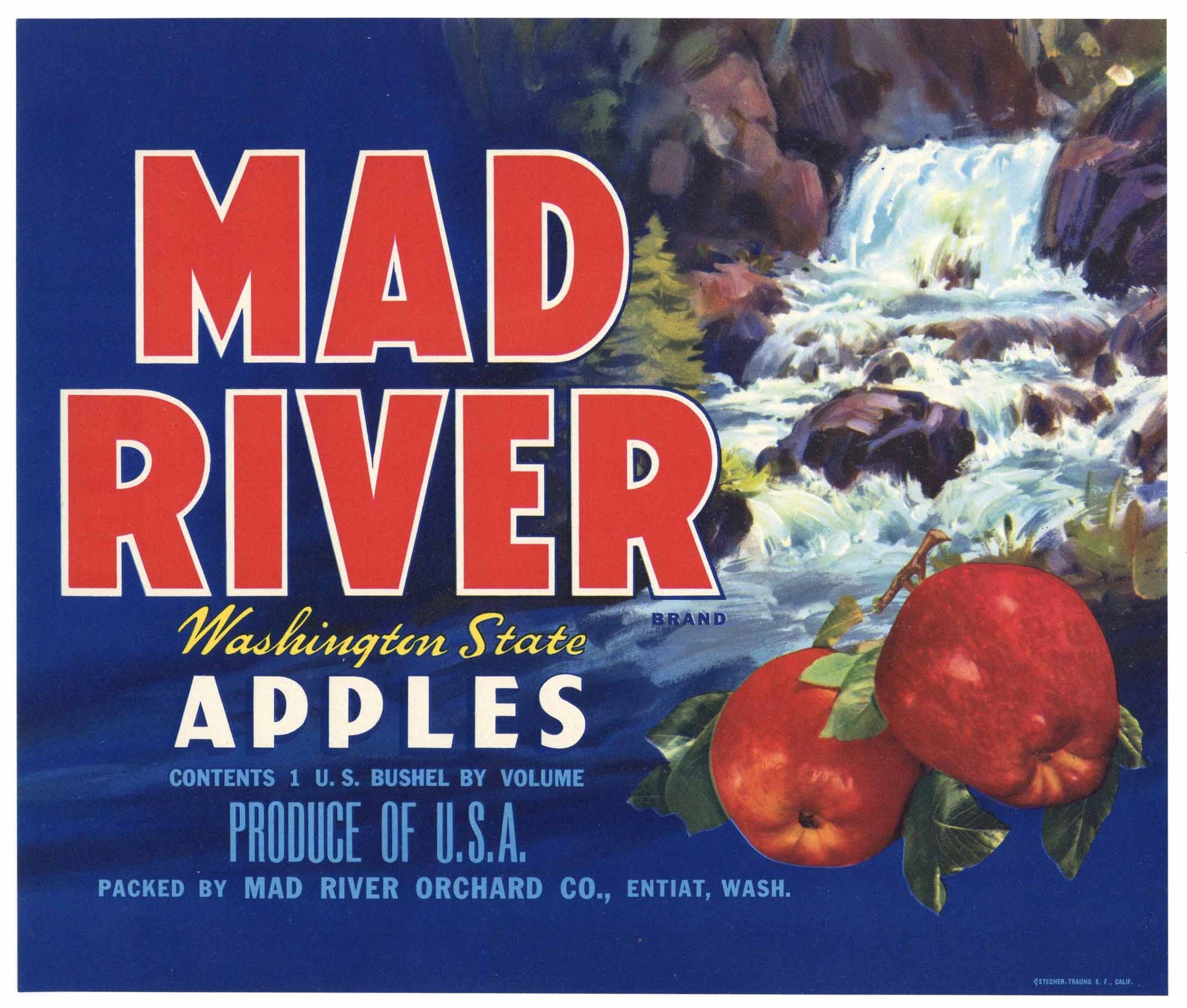 Mad River Brand Vintage Entiat Washington Apple Crate Label, blue