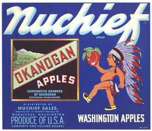 Nuchief Brand Vintage Wenatchee Washington Apple Crate Label, Okanogan