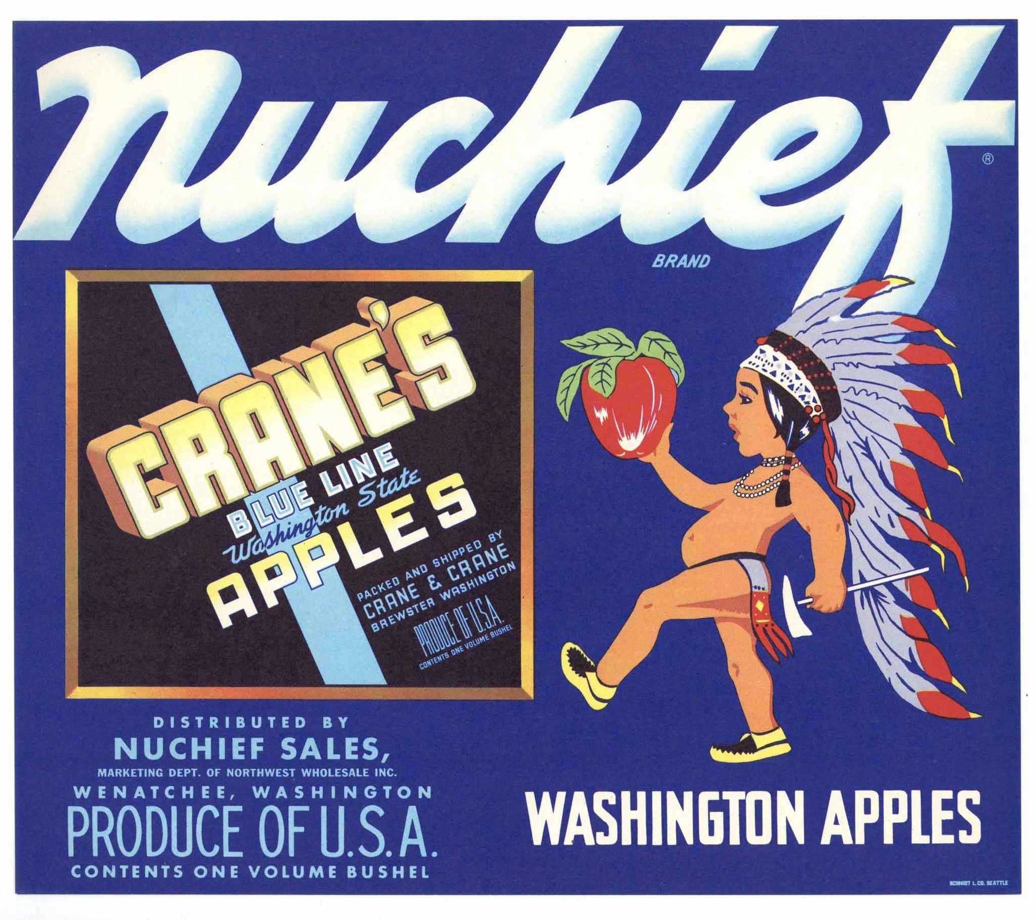 Nuchief Brand Vintage Wenatchee Washington Apple Crate Label, Crane's