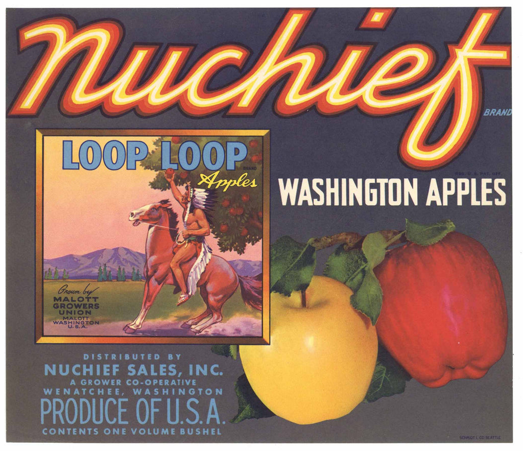 Nuchief Brand Vintage Wenatchee Washington Apple Crate Label, Loop Loop
