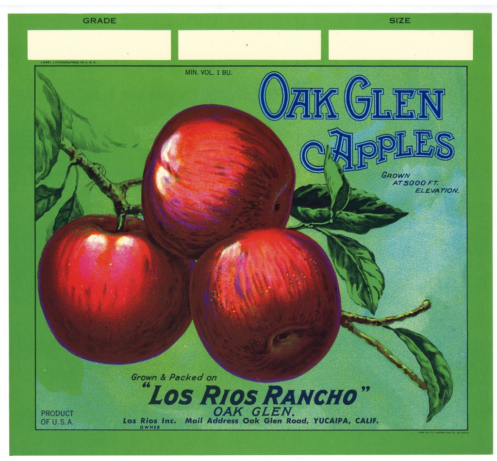 Oak Glen Brand Vintage Yucaipa California Apple Crate Label g