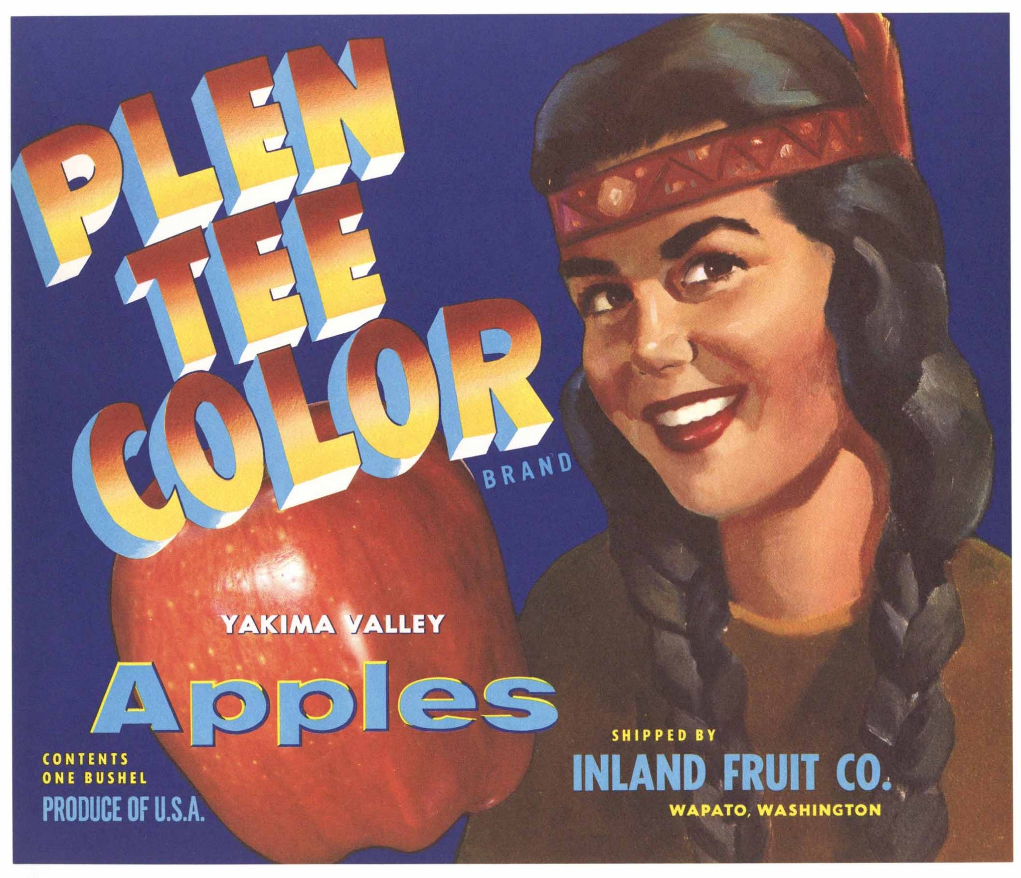 Plen Tee Color Brand Vintage Wapato Washington Apple Crate Label, blue