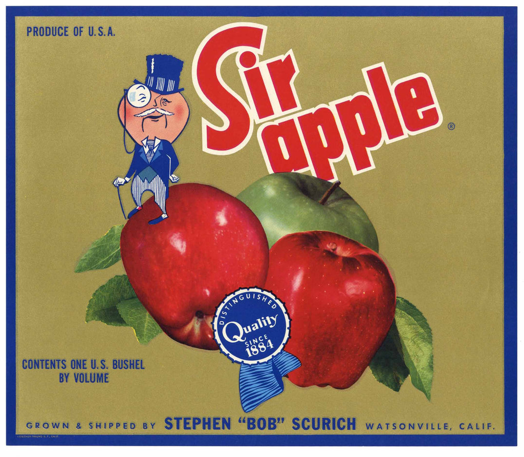 Sir Apple Brand Vintage Watsonville Apple Crate Label