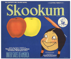 Skookum Brand Vintage Washington Apple Crate Label, blue, Doc