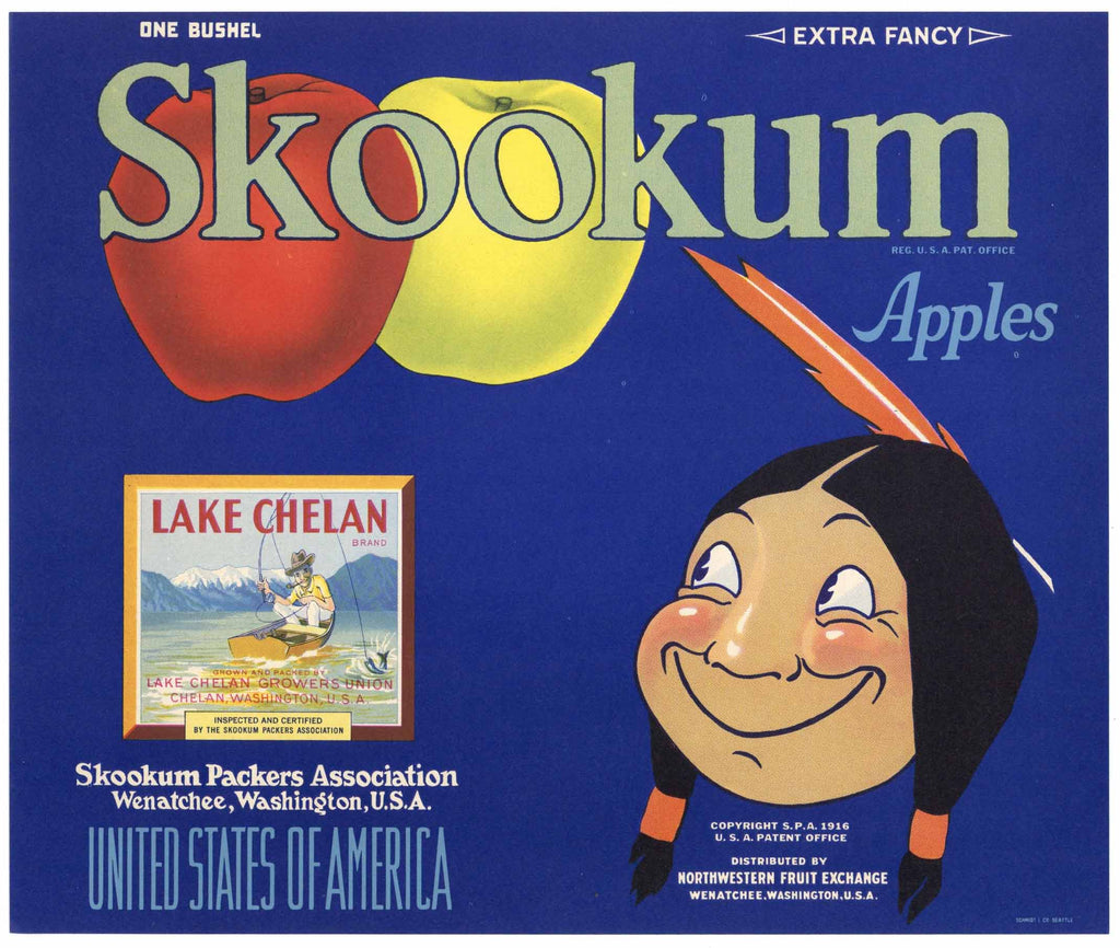 Skookum Brand Vintage Washington Apple Crate Label, blue