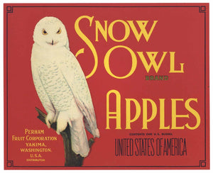 Snow Owl Brand Vintage Yakima Washington Apple Crate Label r